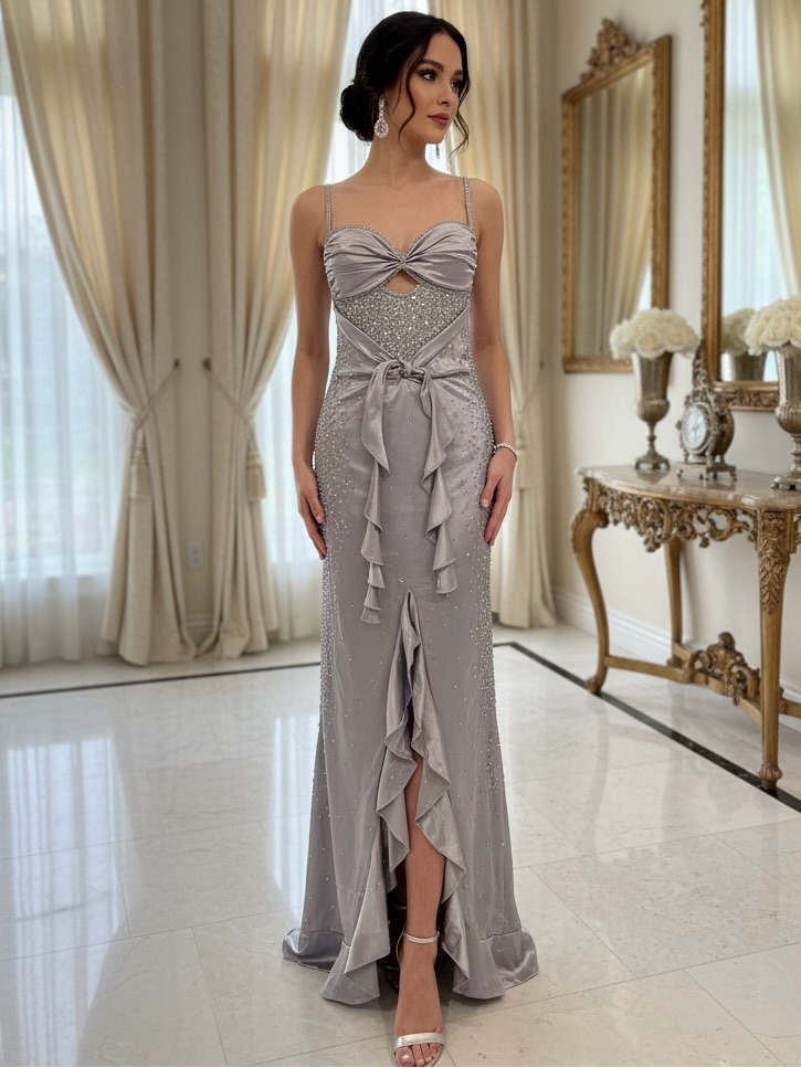 Silver Beaded Ruffle-Front Prom Gown With Bow Detail